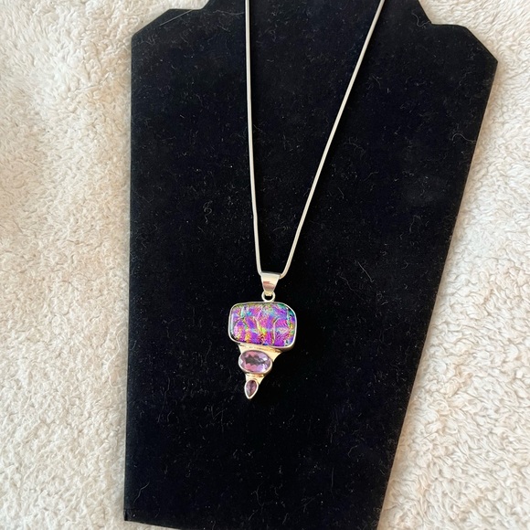 DICHROIC GLASS AMETHYST STERLING SILVER DESIGNER SIGNED PENDANT 16” SNAKE CHAIN - Picture 2 of 8